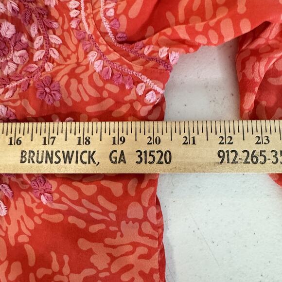 Amaya 100% Silk Embroidered Tunic Top Sz 44 US L Pink Coral Tropical Boho Flowy - Picture 11 of 13